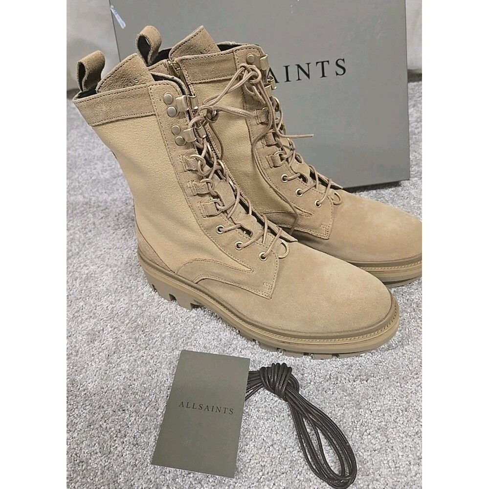 All Saints Beth Canvas Suede Leather Lace/Zip Up Combat Boots Sand Women's Sz 40 - Picture 3 of 9